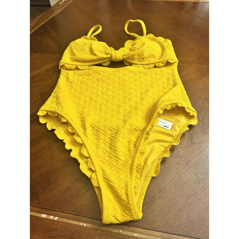 🧷 CUPSHE WOMEN'S ONE PIECE SWIMSUIT CUTOUT SCALLOP TRIM, XL, Yellow🆕